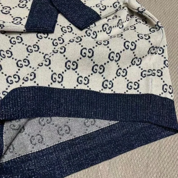 New Gucci 2025 GG monogram metallic Ivory and blue GG lamé jacquard knit top M - Picture 5 of 8